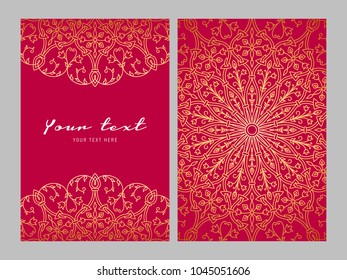 Greeting card golden ethnic patterns on red background