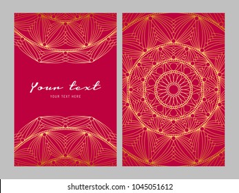 Greeting card golden ethnic patterns on red background