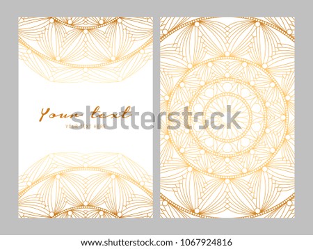 Greeting card golden ethnic patterns on white background