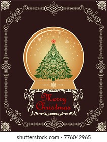 Greeting card with golden globe with Christmas tree