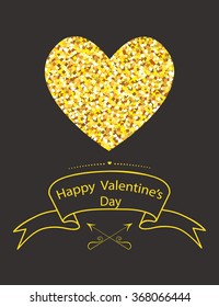 Greeting card with golden heart.Happy Valentines Day.