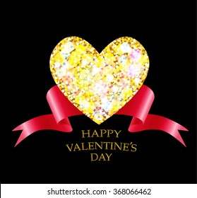 Greeting card with golden heart.Happy Valentines Day.