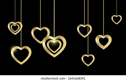 Greeting card and golden hearts precious chains  Set gold pendants in the shape heart  Flyer and women's gold accessories black background 