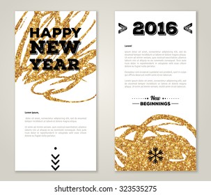 Greeting Card with Golden Paint Stains and Typographic Design. Vector Illustration. Gold Brush Stroke. Happy New Year 2016 Poster Invitation Template. 