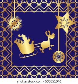 Greeting card. Golden style, abstract,elements,frame, gold patterns on a blue background.Star, garland, ball, snowflake, ribbon with inscription. Santa Claus in sled with reindeer.