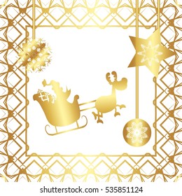 Greeting card. Golden style, abstract,elements,frame, gold patterns on a white
 background.Star, garland, ball, snowflake, ribbon with inscription. Santa Claus in sled with reindeer.