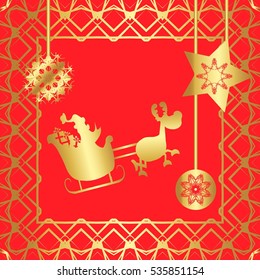 Greeting card. Golden style, abstract,elements,frame, gold patterns on a red background.Star, garland, ball, snowflake, ribbon with inscription. Santa Claus in sled with reindeer.