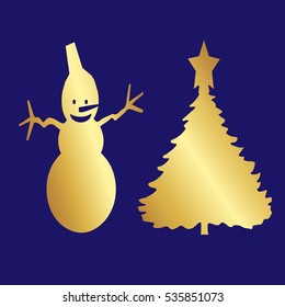 Greeting card. Golden style. Blue background.The tree and the snowman.