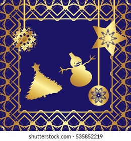Greeting card. Golden style, Elements,frame, Golden patterns on blue background.Star, garland, ball, snowflake, ribbon with inscription. The tree and the snowman.