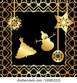 Greeting card. Golden style, Elements,frame, Golden patterns on black background.Star, garland, ball, snowflake, ribbon with inscription. The tree and the snowman.