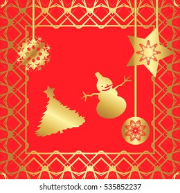 Greeting card. Golden style, Elements,frame, Golden patterns on red background.Star, garland, ball, snowflake, ribbon with inscription. The tree and the snowman.