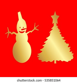 Greeting card. Golden style. Red background.The tree and the snowman.
