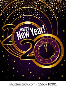 Greeting card. Golden text, 2020 happy new year. Flying golden particles on black background. Modern  style. Design poster or banner.