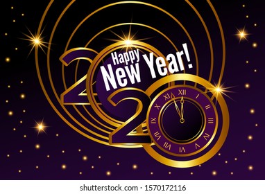 Greeting card. Golden text, 2020 happy new year. Flying golden particles on black background. Modern  style. Design poster or banner.