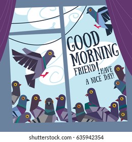 Greeting card good morning (with window and doves)