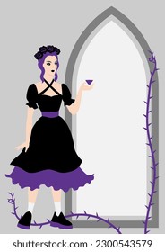 Greeting card in gothic style. Girl in dark dress. Illustration or background for holiday and party.