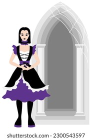 Greeting card in gothic style. Girl in dark dress. Illustration or background for holiday and party.