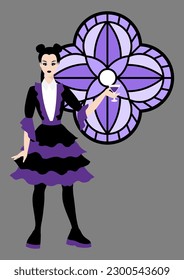 Greeting card in gothic style. Girl in dark dress. Illustration or background for holiday and party.