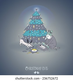  Greeting card. Grandma and the dog. Christmas theme. Illustration with Christmas tree and gifts.  Eve of  feast.