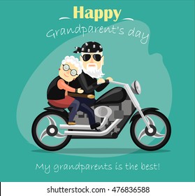 Greeting card for grandparent's day. Grandma and grandpa riding a motorcycle.