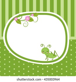 Greeting card with grasshopper. Green background with stripes and polka dots.