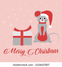 Greeting card, gray New Year's Christmas mouse with a red cap and a scarf, with a New Year's gift, on a pink background with stars, with the inscription Merry Christmas, vector illustration