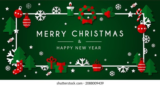 Una tarjeta de felicitación con fondo verde y elementos de Navidad y Año Nuevo. Diversos dulces, bolas de Navidad y copos de nieve, juguetes colgados. Ilustración vectorial. Plantilla de banner, tarjeta de saludo 