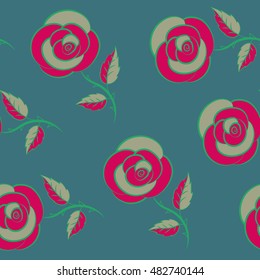 Greeting card with green, blue and magenta roses, watercolor, can be used as invitation card for wedding, birthday and other holiday and summer background. Vector seamless pattern.
