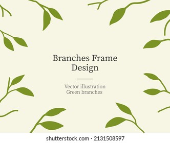 Greeting card. Green branches and leaves. Horizontal frame. Elegant Vintage floral illustration. For textiles and home decor