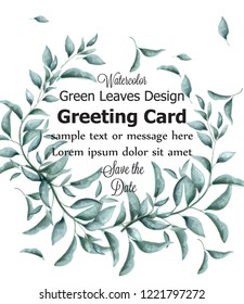 Greeting card with green branches watercolor Vector. Beautiful vintage pastel colors floral decor frames