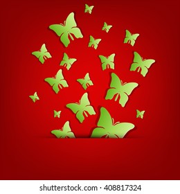 Greeting card with green paper butterflies.Vector