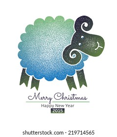 Greeting Card with green sheep. Text: Merry Christmas and Happy new year 2015. Hand-drawn vector.
