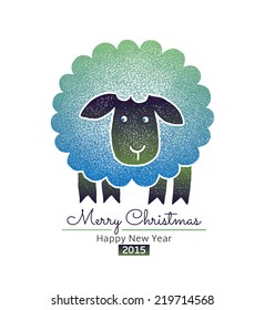 Greeting Card with green sheep. Text: Merry Christmas and Happy new year 2015. Hand-drawn vector.