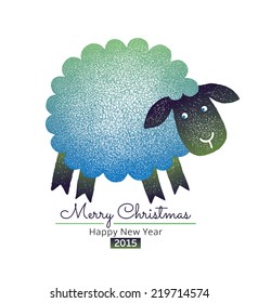 Greeting Card with green sheep. Text: Merry Christmas and Happy new year 2015. Hand-drawn vector.