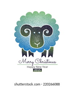Greeting Card with green sheep. Text: Merry Christmas and Happy new year 2015. Hand-drawn vector. 