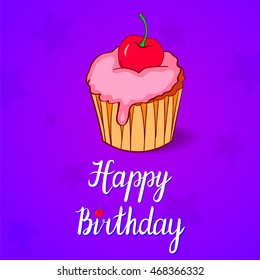 Greeting card greetings happy birthday with chocolate cake with cherry