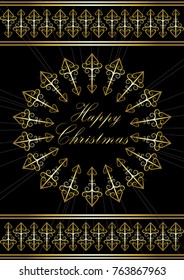 Greeting card with greetings Happy Christmas in gold snowflake.
