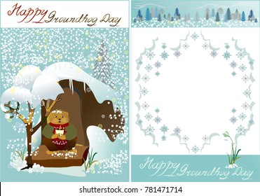 Greeting card with Groundhog Day on a blue background with the back side