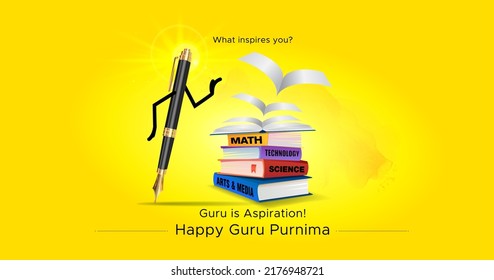 Greeting Card For Guru Purnima Indian Hindu Holiday. Educational Books With Pen Background.