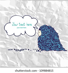 Greeting card with hairy monster, on crumpled paper. Background for celebrations, holidays.