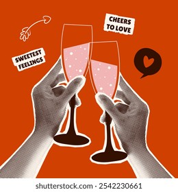 Grußkarte mit Halbtonhänden mit Champagnergläsern. Collage-Poster zum Valentinstag. Textaufkleber. Handelemente auf zerrissenem Papier. Y2K-Design. Liebe, Gefühle, Amors Pfeil