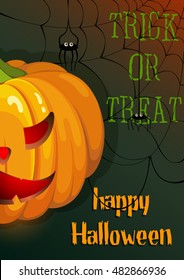 Greeting card Halloween. Brown and green background with an orange pumpkin, spider web, spider and text: happy Halloween, trick or treat.
