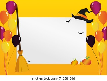 Greeting card for Halloween. Creative frame with a pumpkin broom witch hat and balloons. Traditional elements of the holiday. Template for a party for Halloween.
