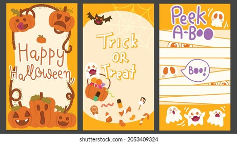 Tarjeta de saludo Día de Halloween con texto " Feliz Halloween" , "Trick or Treat" , "Peek a boo" . Tarjeta naranja con tema de Halloween.