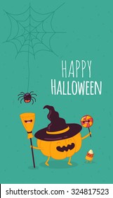 Greeting card for Halloween  Funny pumpkin  spider   broom  Vector illustration  Use for card  poster  banner  web design   print t  shirt  Easy to edit  Vector illustration 