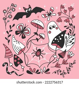 Greeting card for Halloween with ghost and bat in pink color. Vector illustration in doodle style.