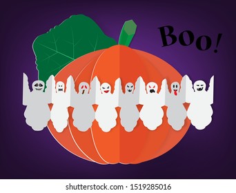Greeting card for Halloween with ghost paper chain decorations and pumpkin,vector illustration paper art style.
