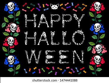 A greeting card or a Halloween invitation. Letters made of skulls and bones. Halloween alphabet. Flower garlands. Anatomy of magical creatures. A frame of flowers, skulls and bones.