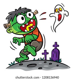 greeting card halloween with monster frankenstein, cartoon vector character