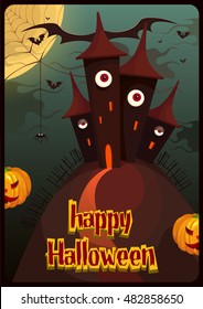 Greeting card Halloween. Night background with the terrible house, a web, a spider and pumpkin. Vector illustration.